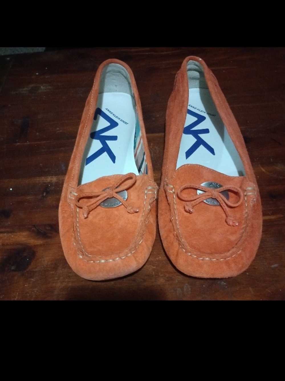Anne Klein Orange Suede Moccasin Flats with Bow Accent